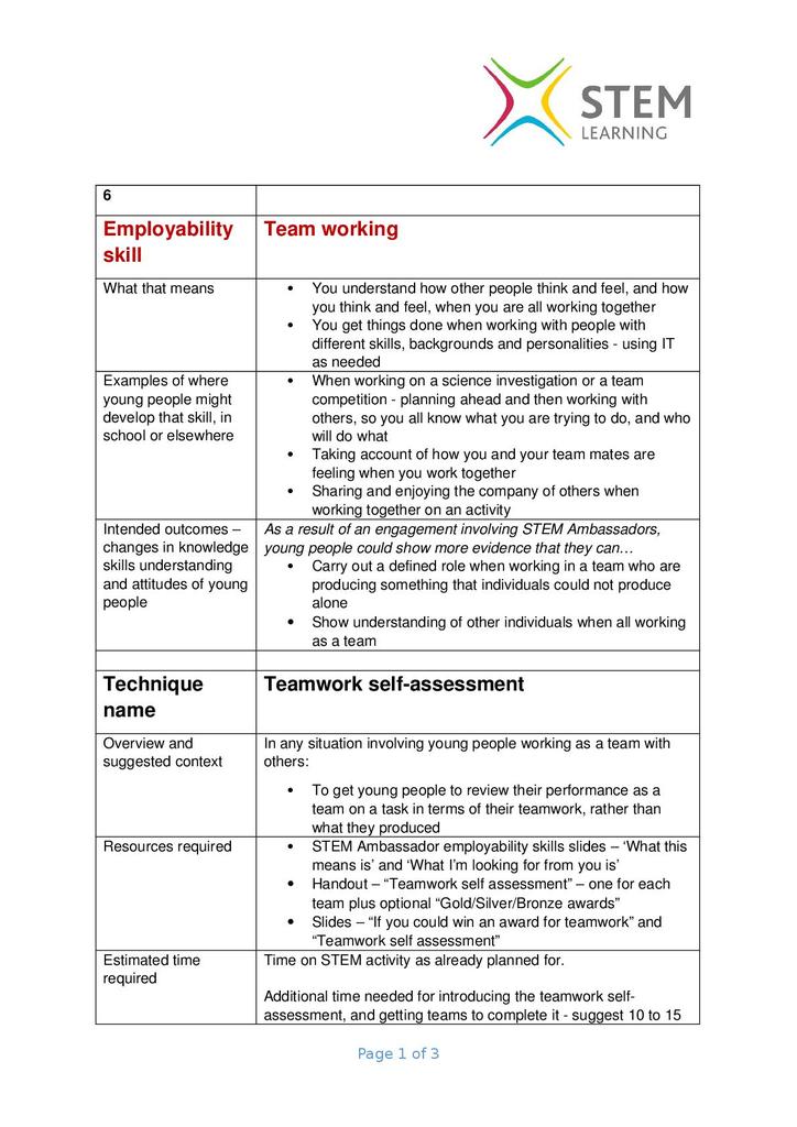 Teamwork Self Evaluation Answers